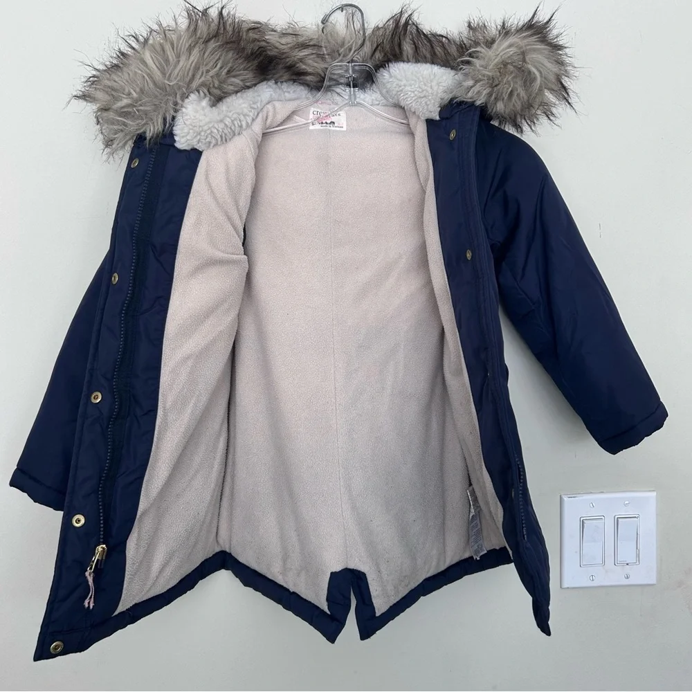 JCrew Crewcuts Boys Navy Fishtail Parka Coat Jacket Fur Size 6-8